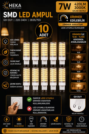 (10 Adet) Heka 7W Günışığı (3000K) G9 Duylu Dim Edilebilir LED Kapsül Ampul
