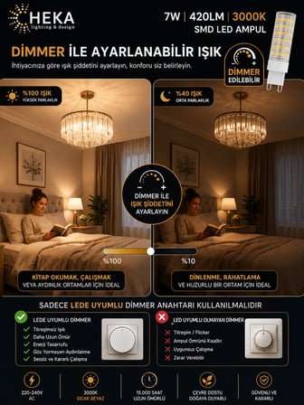 (2 Adet) Heka 7W Günışığı (3000K) G9 Duylu Dim Edilebilir LED Kapsül Ampul