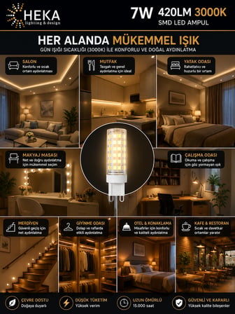 (2 Adet) Heka 7W Günışığı (3000K) G9 Duylu Dim Edilebilir LED Kapsül Ampul