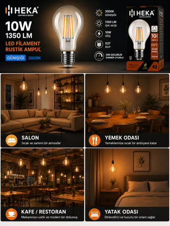 (1 Adet) Heka 10W Günışığı (3000K) E27 Duylu Dim Edilebilir LED Rustik Ampul