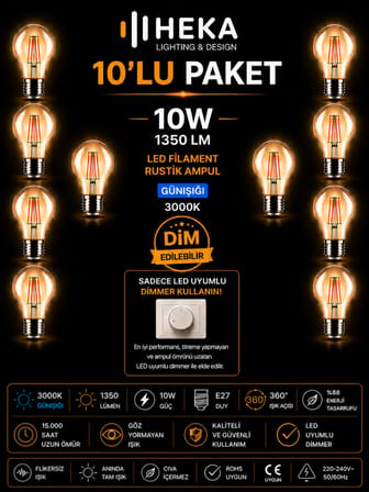 (10 Adet) Heka 10W Günışığı (3000K) E27 Duylu Dim Edilebilir LED Rustik Ampul