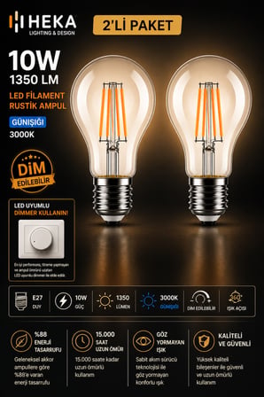 (2 Adet) Heka 10W Günışığı (3000K) E27 Duylu Dim Edilebilir LED Rustik Ampul