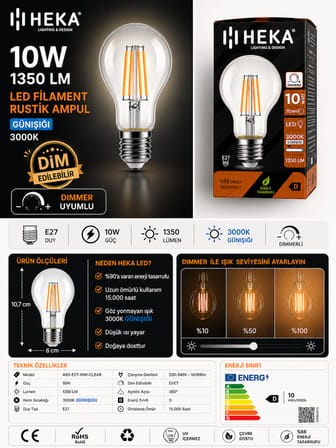 (4 Adet) Heka 10W Günışığı (3000K) E27 Duylu Dim Edilebilir LED Rustik Ampul