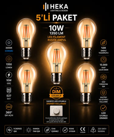 (5 Adet) Heka 10W Günışığı (3000K) E27 Duylu Dim Edilebilir LED Rustik Ampul