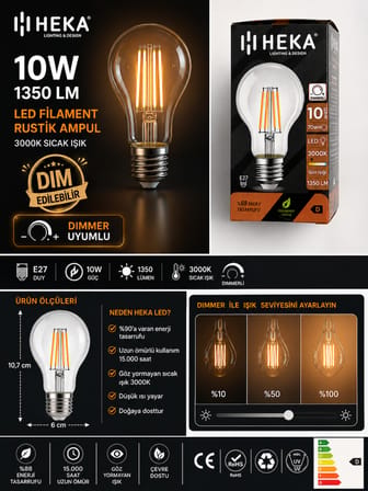 (5 Adet) Heka 10W Günışığı (3000K) E27 Duylu Dim Edilebilir LED Rustik Ampul