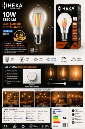 (5 Adet) Heka 10W Günışığı (3000K) E27 Duylu Dim Edilebilir LED Rustik Ampul