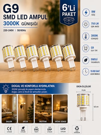 (6 Adet) 9W 750 LM 3000K Günışığı G9 SMD LED Ampul