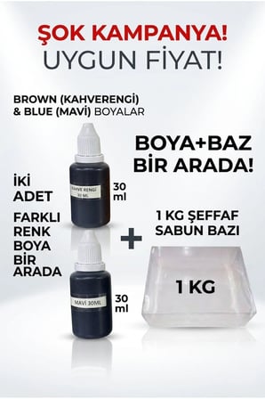 Şeffaf Sabun Bazı 1 Kg + 30 ml Kahverengi Sabun Boyası + 30 ml Mavi Sabun Boyası Seti