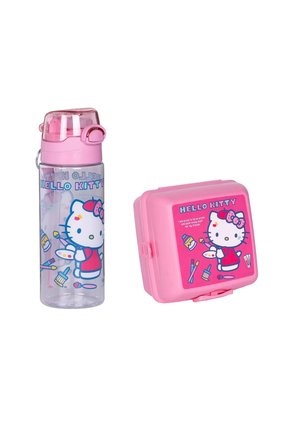 2'Lİ SET Hello Kitty 4 Bölmeli Beslenme Kabı Kaşık ve Çatallı-500ml Pipetli Askılı Su Matarası