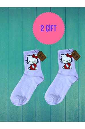 2 Çift Hello Kitty Çorap Yumuşak Rahat Şık Kısa Konç Desenli Uçukpembe Çorabı 36-40