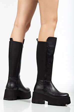 Suins Henna Model Platform Kadın Siyah Arkası Lastikli Çizme