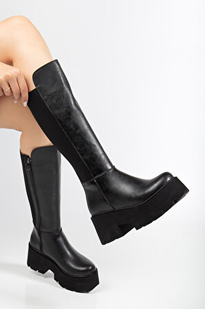 Suins Henna Model Platform Kadın Siyah Arkası Lastikli Çizme