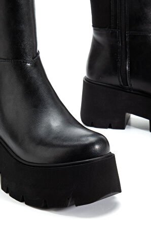 Suins Henna Model Platform Kadın Siyah Arkası Lastikli Çizme