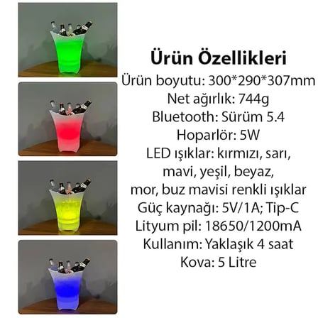 Ezere Hoparlör Buz Kovası 5L Bluetooth Hoparlör Ile Renkli Buz Kovası Led-(5775)
