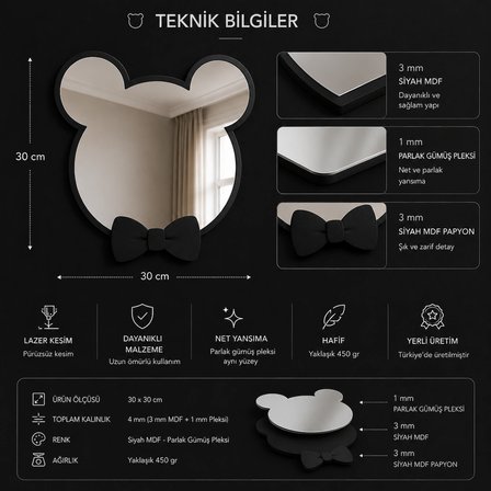 Dekoratif Papyonlu Mouse Tasarımlı Çocuk Odası Duvar Aynası