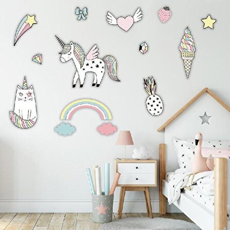 Beyaz Unicorn Ahşap Set Bebek Çocuk Yatak Odası Ev Dekorasyon Model 008