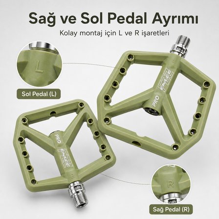 Heugers Enlee Haki Yeşili Rulmanlı Çıkarılabilir Vidalı Platform Pedal