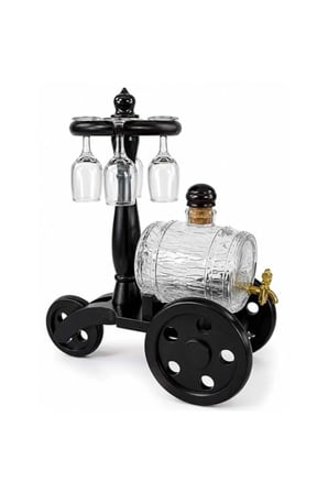 Ahşap Standlı Cam Fıçı Ve 4 Kadehli İçki Servis Seti - 35x32cm