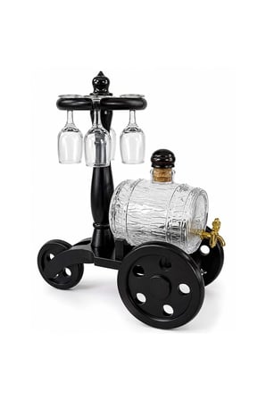 Ahşap Standlı Cam Fıçı Ve 4 Kadehli İçki Servis Seti - 35x32cm