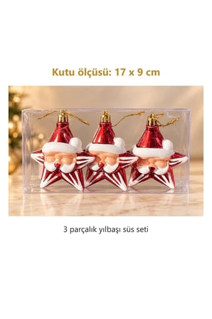 Noel Baba Yıldız Figürlü Yılbaşı Çam Ağacı Asma Süsü 3'lü Set Kutu 17x9 cm