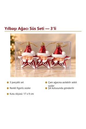 Noel Baba Yıldız Figürlü Yılbaşı Çam Ağacı Asma Süsü 3'lü Set Kutu 17x9 cm