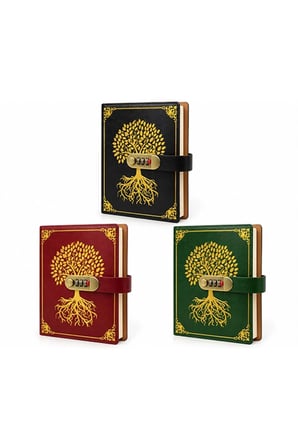Şifreli Deri Kapaklı Defter Hayat Ağacı Kabartmalı