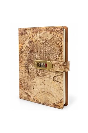 Şifreli Deri Kapaklı Defter Vintage Dünya Haritası Desenli