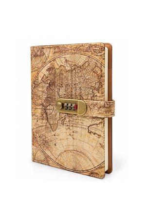 Şifreli Deri Kapaklı Defter Vintage Dünya Haritası Desenli
