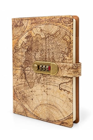 Şifreli Deri Kapaklı Defter Vintage Dünya Haritası Desenli
