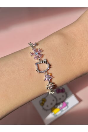 Gümüş Kaplama Hello Kitty Sakura Çiçekli Bileklik