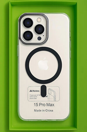 İphone 15 Pro Max Kılıf Kamera Korumalı Magsafe Şeffaf Siyah
