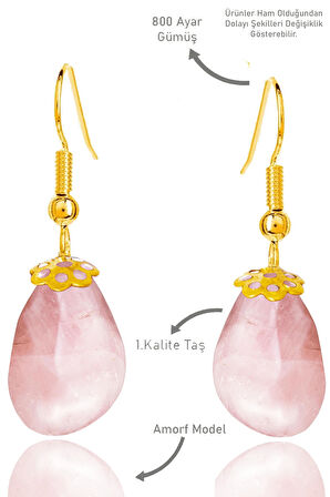 Sertifikalı Amorf Model Ham Pembe Kuvars Taşı Küpe - Gold Renkli