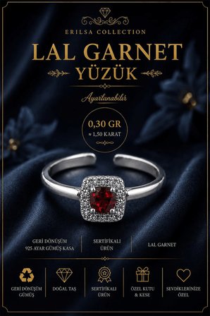 Sertifikalı Lal Garnet Taşı Kare Faset Kesim 1,50 Karat 925 Ayar Gümüş Ayarlanabilir Yüzük