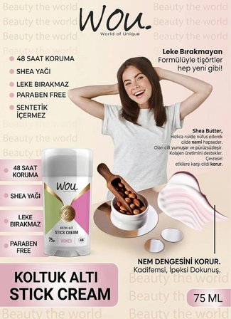 Wou. Koltuk Altı Stick Cream 75gr - 48 Saat Etkili, Leke Yapmayan Özel Formül