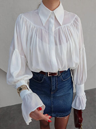 Fashion Asrın Beyaz Büzgülü Gömlek