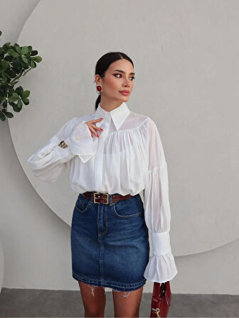 Fashion Asrın Beyaz Büzgülü Gömlek