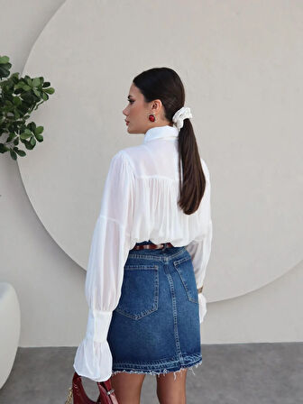 Fashion Asrın Beyaz Büzgülü Gömlek