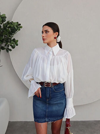 Fashion Asrın Beyaz Büzgülü Gömlek