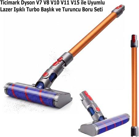 Ticimark Dyson V7 V8 V10 V11 V15 ile Uyumlu Lazer Işıklı Turbo Başlık ve Turuncu Boru Seti