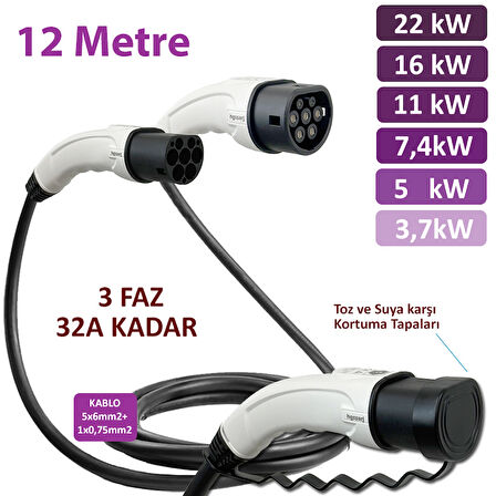 hgsşarj 12 Metre, Elektrikli Araç Şarj Kablosu 22kW-16kW-11kW-7,4kW-5kW-3,7kW 32A Kadar