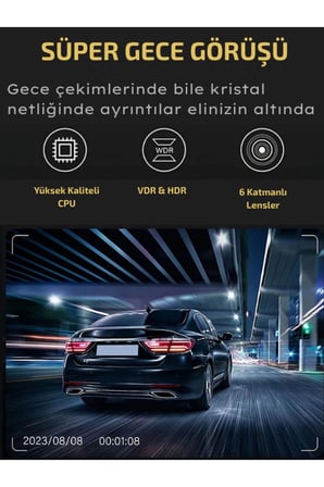 A-98 WiFi Full HD 3 Kameralı Araç İçi Güvenlik Kamerası + Park Modu Kablosu Ön-Arka-İç Kayıt,DashCam