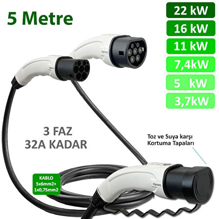 hgsşarj 5 Metre, Elektrikli Araç Şarj Kablosu 22kW-16kW-11kW-7,4kW-5kW-3,7kW 32A Kadar