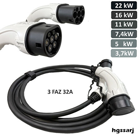 hgsşarj 5 Metre, Elektrikli Araç Şarj Kablosu 22kW-16kW-11kW-7,4kW-5kW-3,7kW 32A Kadar