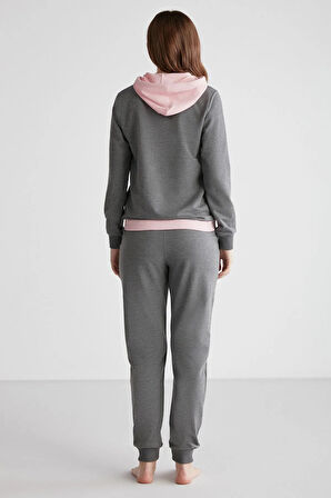 16945 Kadın Antrasit Melanj Kapşonlu Uzun Kollu Pijama Takımı