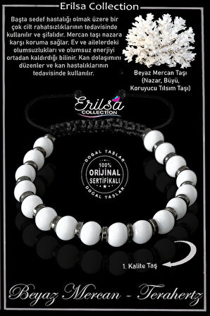 Sertifikalı Gerçek Hematit - Beyaz Mercan Taşı Bileklik - Ayarlamalı