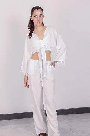 Kadın Beyaz Püsküllü Pantolon Takım