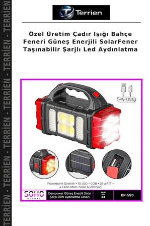 Özel Üretim Çadır Işığı Bahçe Feneri Güneş Enerjili SolarFener Taşınabilir Şarjlı Led Aydınlatma