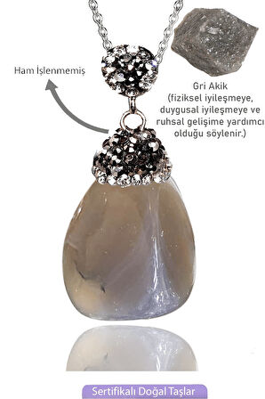 Sertifikalı Zirkon Taşlı Model Ham Gri Akik Taşı Kolye