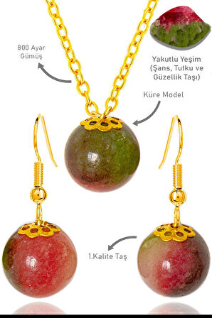 Sertifikalı Gold Küre Model Yakutlu Yeşim Taşı Kolye ve Küpe Seti - Gümüş Aparatlı