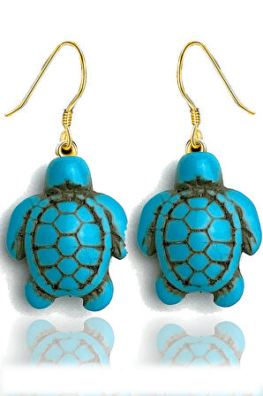 Sertifikalı Gold Kaplumbağa Model Gerçek Firuze Taşı Küpe (Turkuaz Taşı)